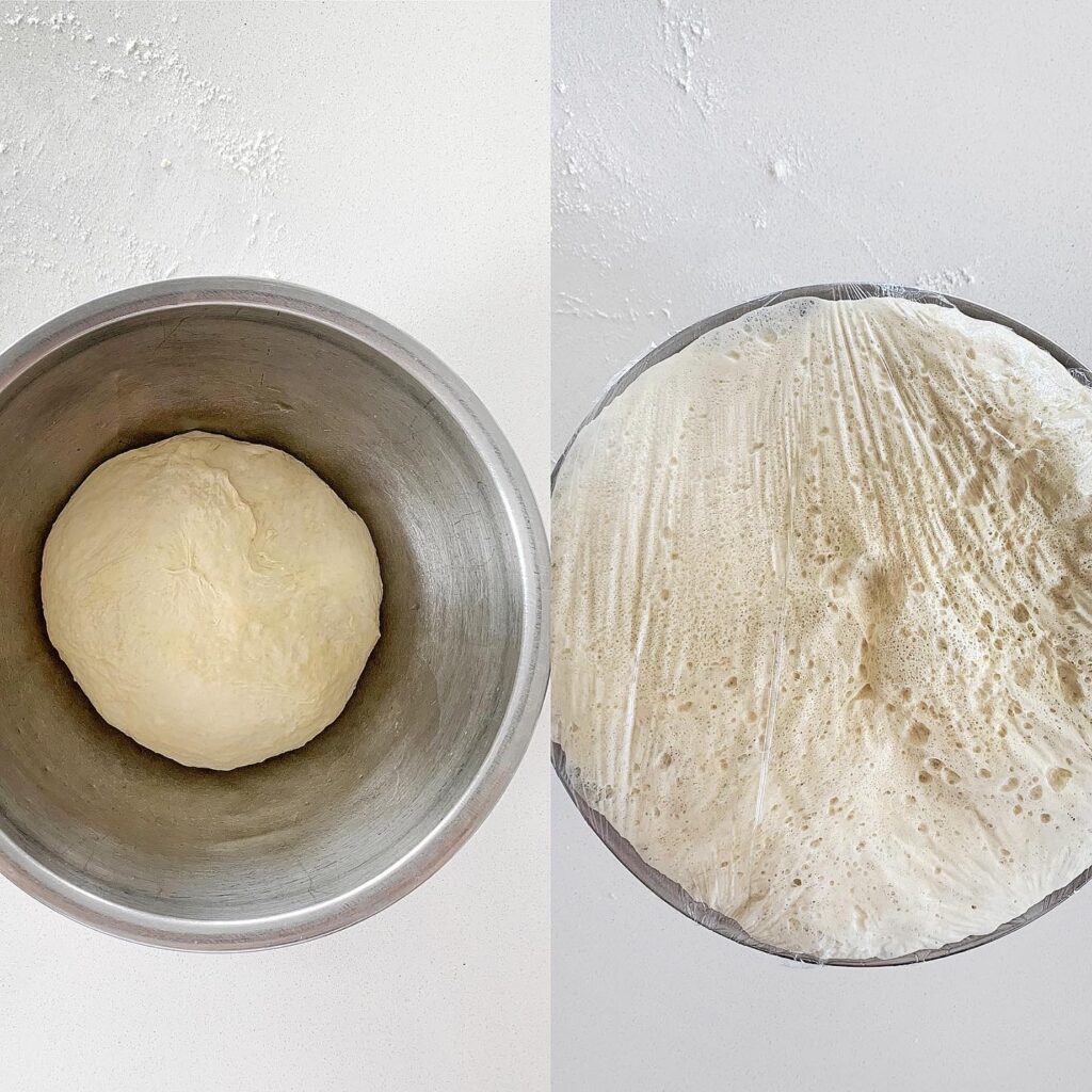 White pizza dough before and after rising, showing fermentation for homemade pizza