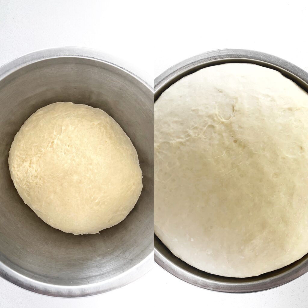 Pane di Pasqua dough before and after rising, showing how Italian Easter bread doubles in size