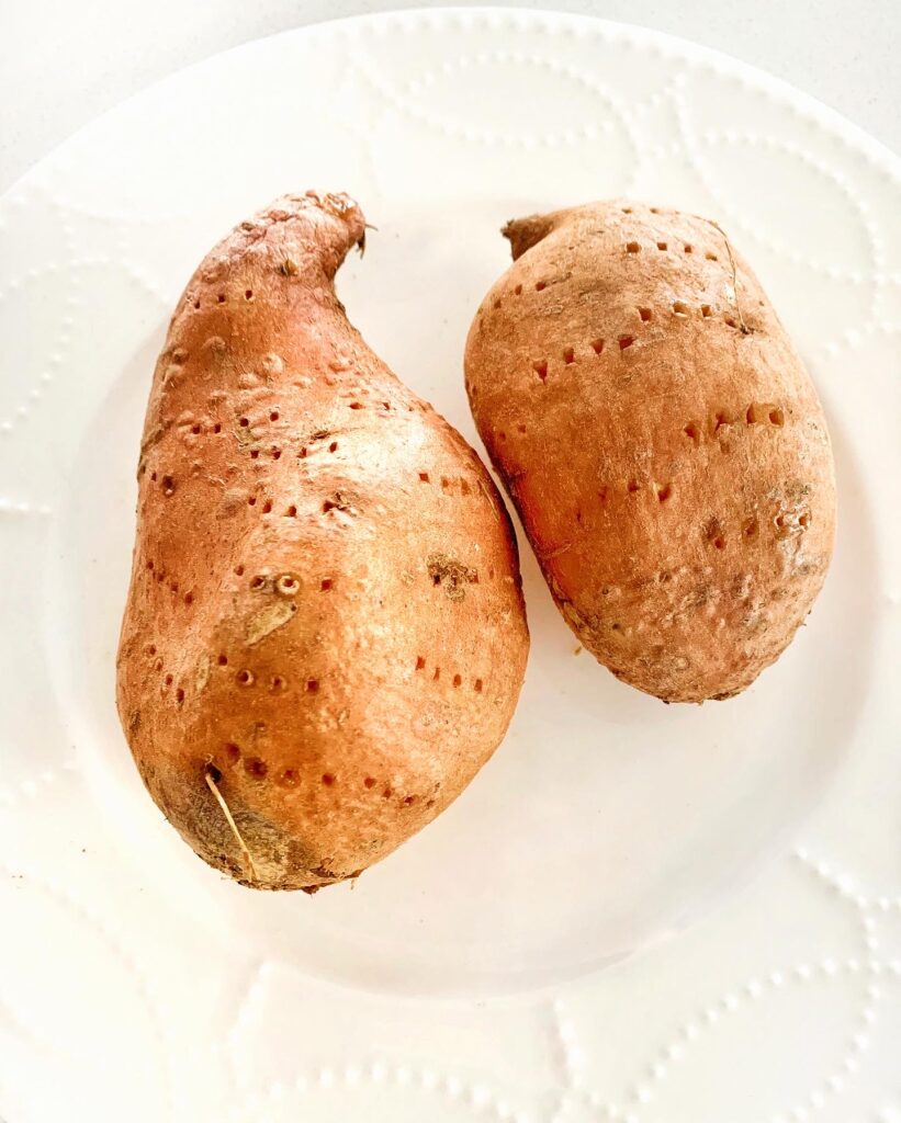 Baked sweet potatoes used as the base for the best veggie ball recipe